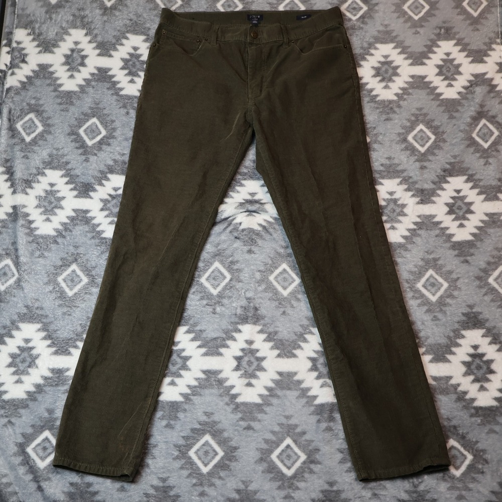 J.Crew Flex Slim Corduroy Pants Olive Green Mens 33x32 Stretch Five Pocket